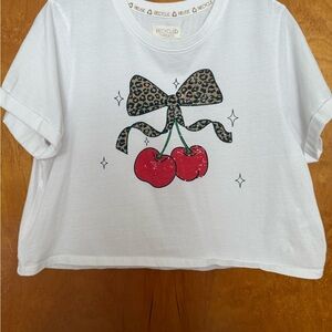 White Shirt with Cherry and Bow Design